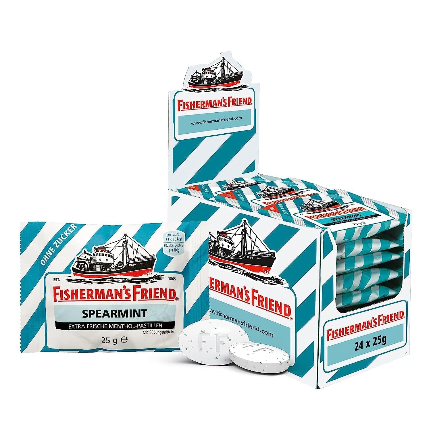 Fisherman's Friend Spearmint | Green Mint and Menthol Flavor | 24 x 25g
