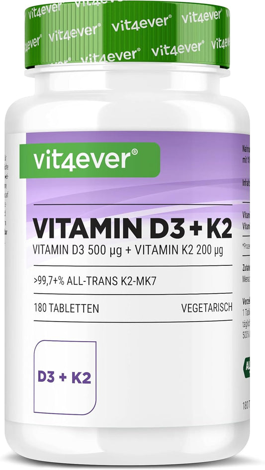 Vit4ever® Vitamin D3 20,000 IU + Vitamin K2 200 mcg Menaquinon MK7 Depot - 180 Tablets - 99% All-Trans - Laboratory Tested - One Tablet Every 20 Days - Vegetarian - High Bioavailability