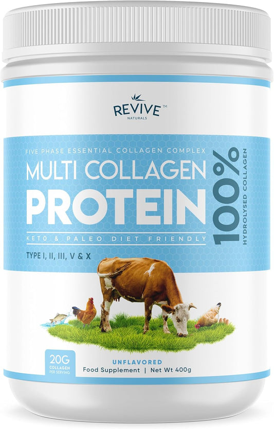 Multi-Collagen Protein Powder - Types I, II, III, V & X - Hydrolyzed from Grass-Fed Beef, Wild-Caught Fish, and Free-Range Chicken, Unflavored, Halal - (400g)