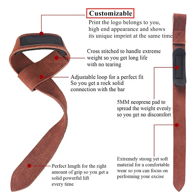 Weightlifting Fitness Cowhide Strap Booster Bands, Pull-Ups Grip Bands, Barbell Training Aids, Leather Wrist Guards