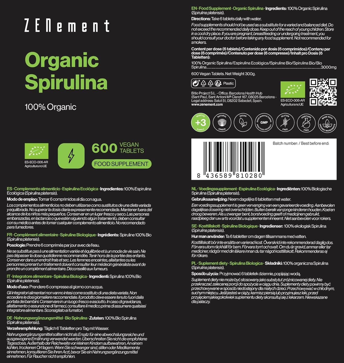 600 Tabletten Bio-Spirulina - 100% Reine Alge in Höchster Qualität - 3000 Mg Pro Dosis - Sättigend Und Detox - Reich an Pflanzlichem Eiweiß - Ohne Zusatzstoffe Und Allergene